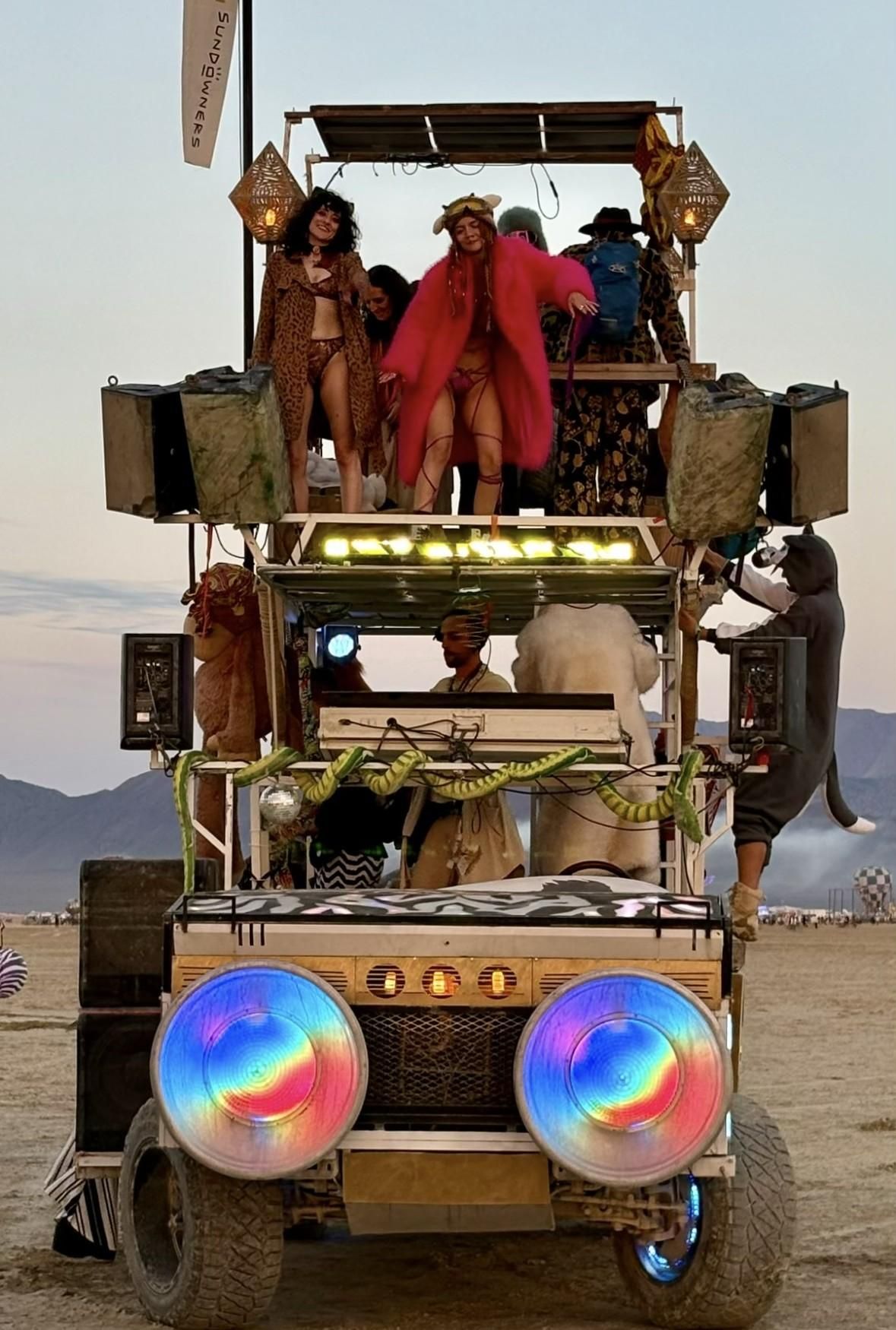 Rexan at sunrise in 2025 with speakers on the top bar and subs on the passenger side