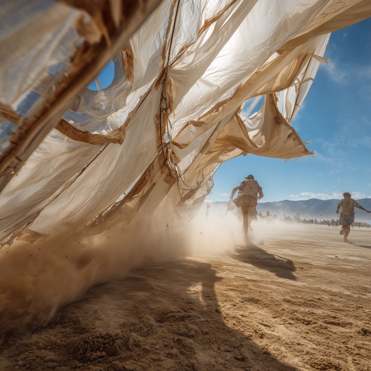A shredded canopy tumbling through a dust storm as people run from it
